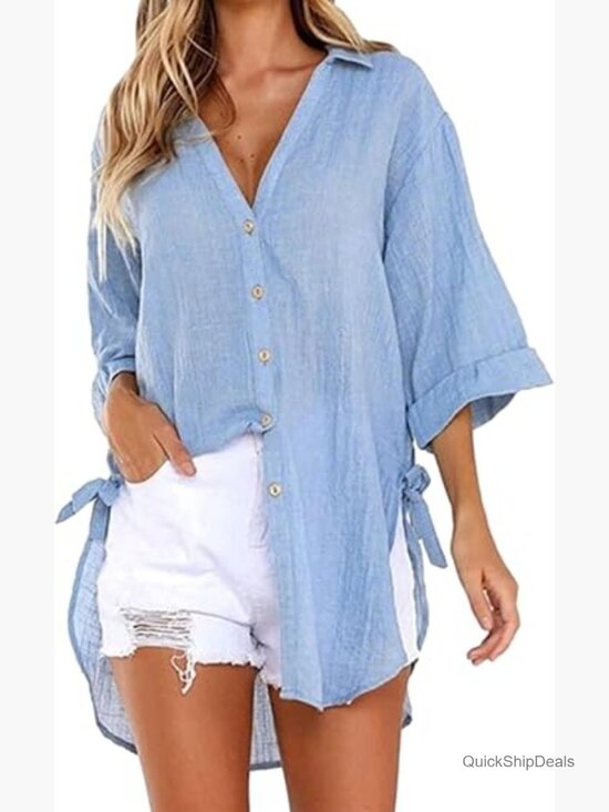 Tops - Women's V Neck 3/4 Sleeve Button Down Shirt Blouse Tunic Beach Top